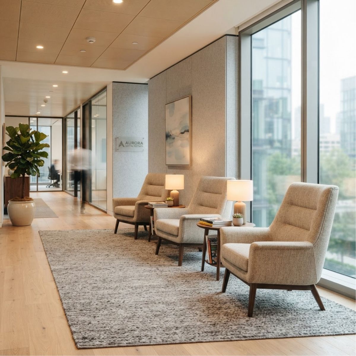 Sala de espera profesional con diseño acogedor y mobiliario confortable